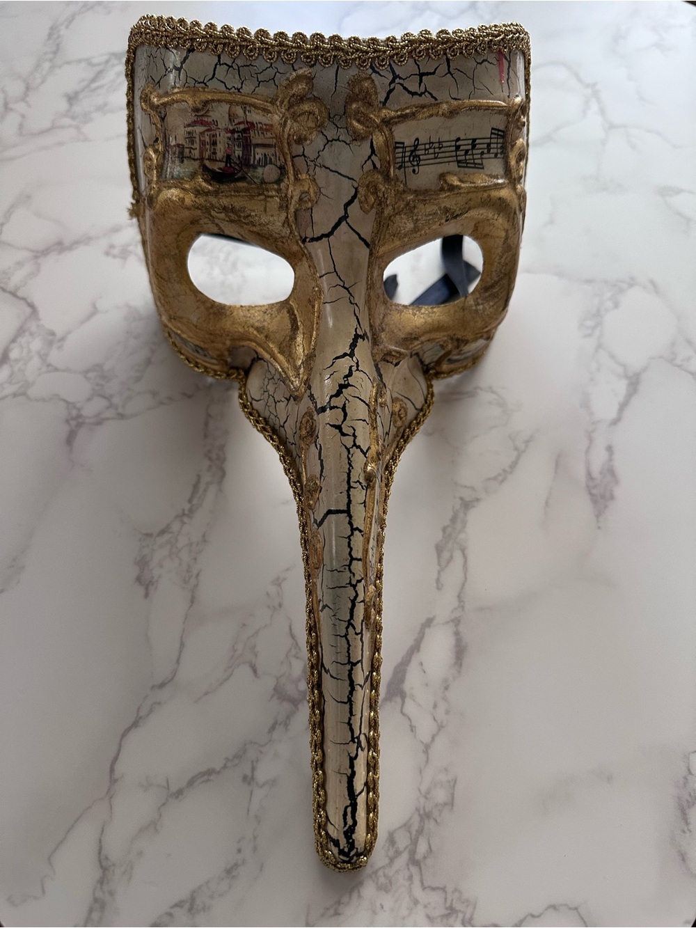 MARDI GRAS MASK • Ornate Venetian Long-Nose Wall Mask in Gold and Cream